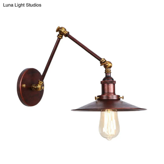 Industrial Style Metal Black/Rust Wall Mount Light With Swing Arm And Flat Shade - 1 Bulb Lamp