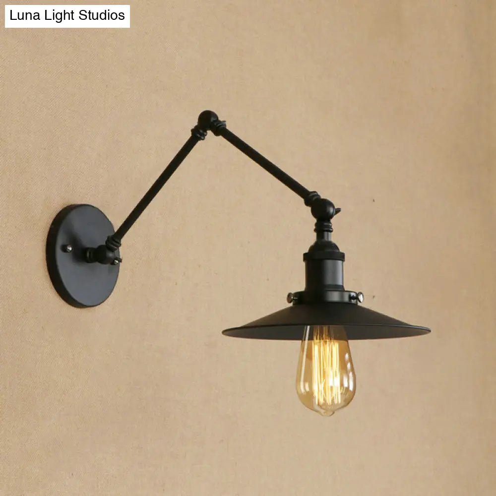 Industrial Style Metal Black/Rust Wall Mount Light With Swing Arm And Flat Shade - 1 Bulb Lamp