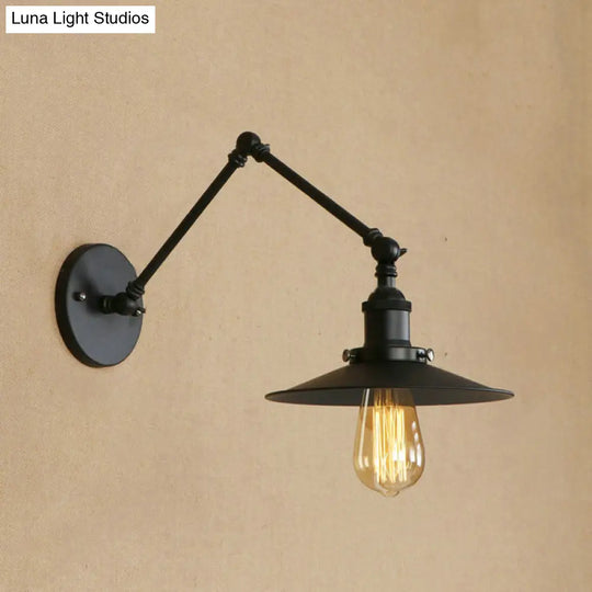 Industrial Style Metal Black/Rust Wall Mount Light With Swing Arm And Flat Shade - 1 Bulb Lamp