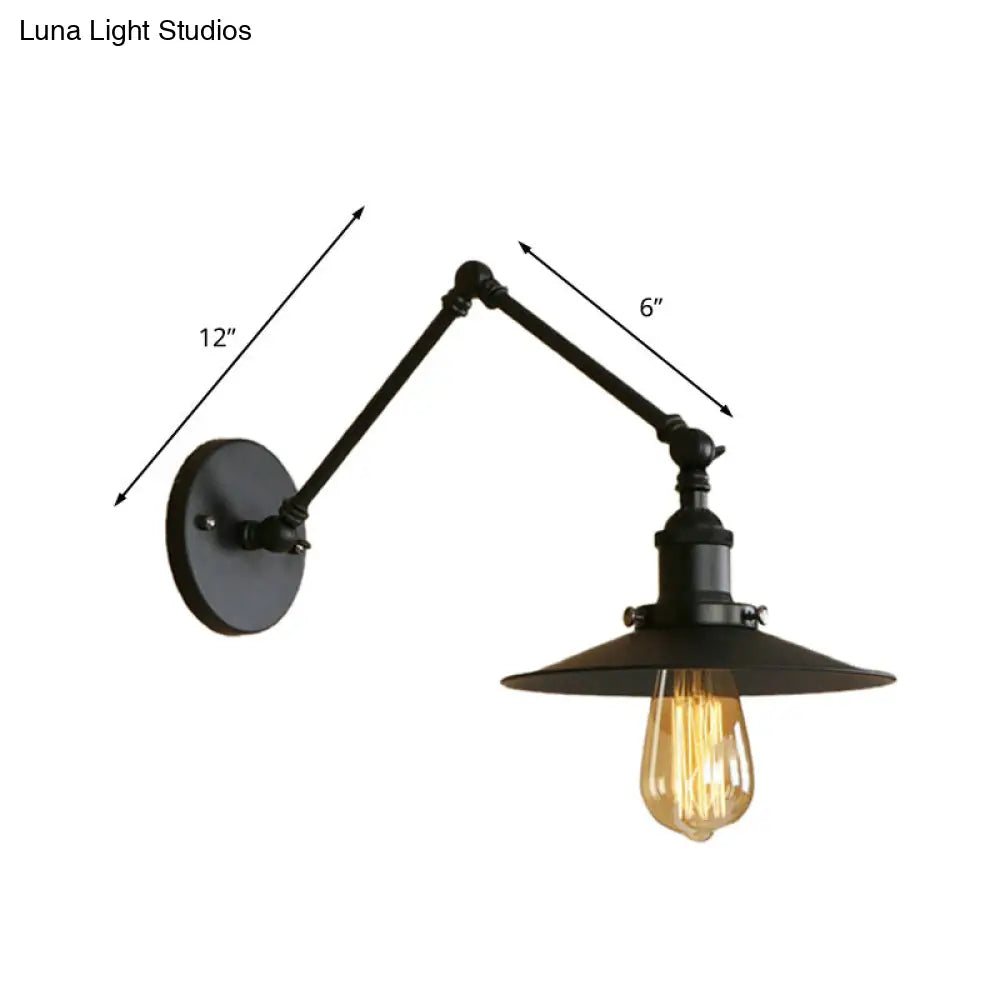 Industrial Style Metal Black/Rust Wall Mount Light With Swing Arm And Flat Shade - 1 Bulb Lamp