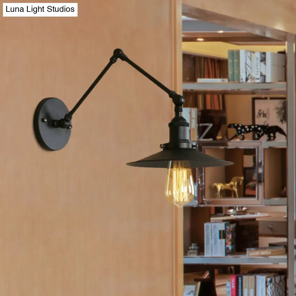 Industrial Style Metal Black/Rust Wall Mount Light With Swing Arm And Flat Shade - 1 Bulb Lamp