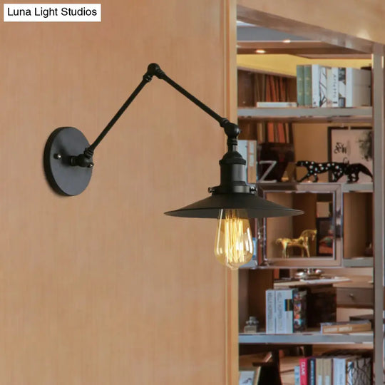 Industrial Style Metal Black/Rust Wall Mount Light With Swing Arm And Flat Shade - 1 Bulb Lamp