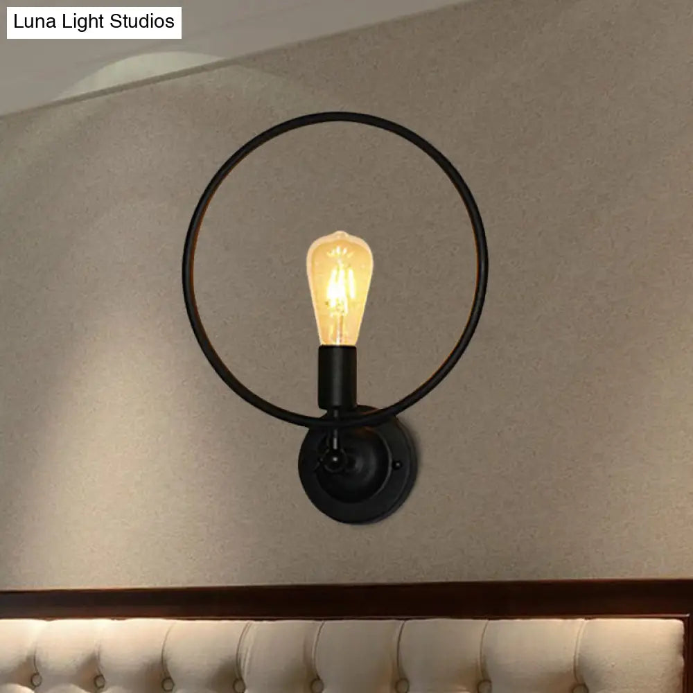 Industrial Style Metal Circular Bathroom Wall Sconce Light - 1 Bulb Black Finish