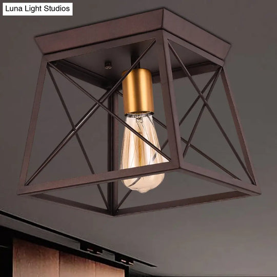 Industrial Style Metal Flush Ceiling Light Fixture - 10’/12’ Wide 2 Bulbs Coffee Tone Ideal For