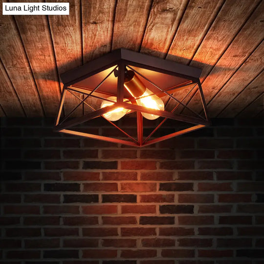 Industrial Style Metal Flush Ceiling Light Fixture - 10/12 Wide 2 Bulbs Coffee Tone Ideal For