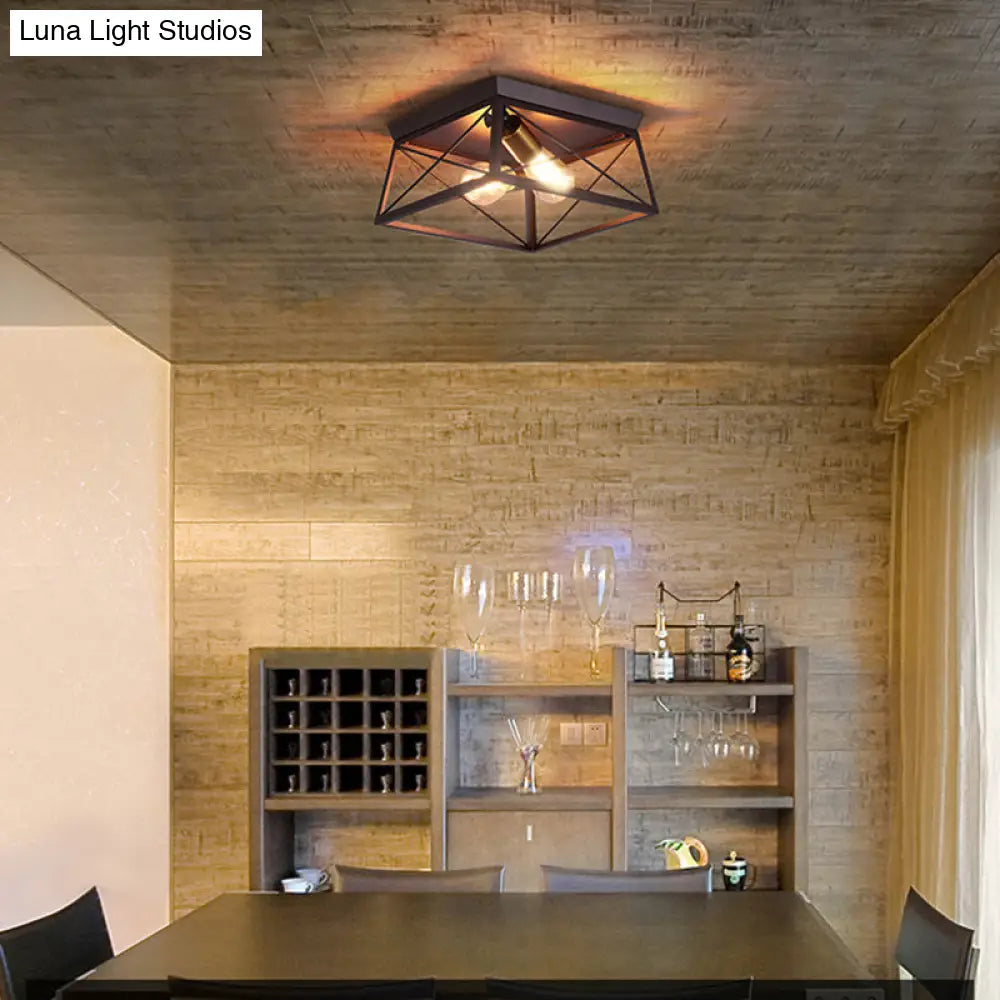 Industrial Style Metal Flush Ceiling Light Fixture - 10/12 Wide 2 Bulbs Coffee Tone Ideal For