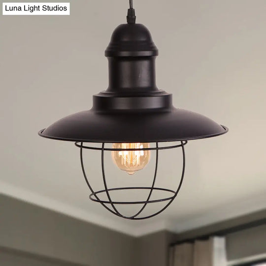 Industrial Style Metal Hanging Lamp - 1 Light Ceiling Pendant With Adjustable Cord In Black