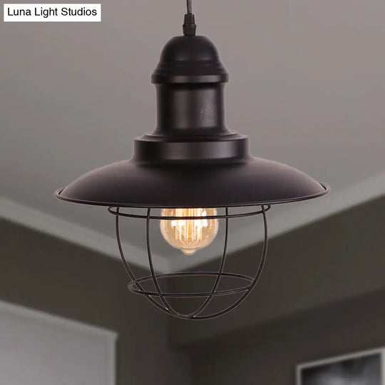 Industrial Style Metal Hanging Lamp - 1 Light Ceiling Pendant With Adjustable Cord In Black