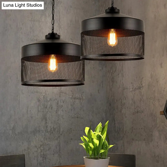 Industrial Style Metal Hanging Light With Black Mesh Drum Shade - Restaurant Pendant Fixture