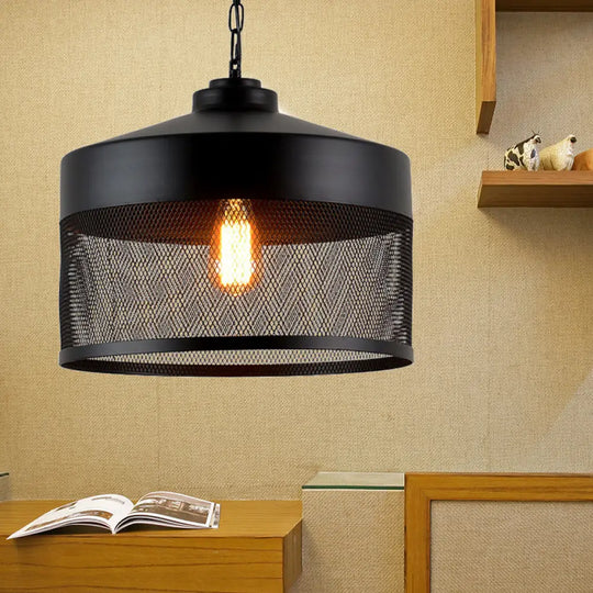 Industrial Style Metal Hanging Light With Black Mesh Drum Shade - Restaurant Pendant Fixture