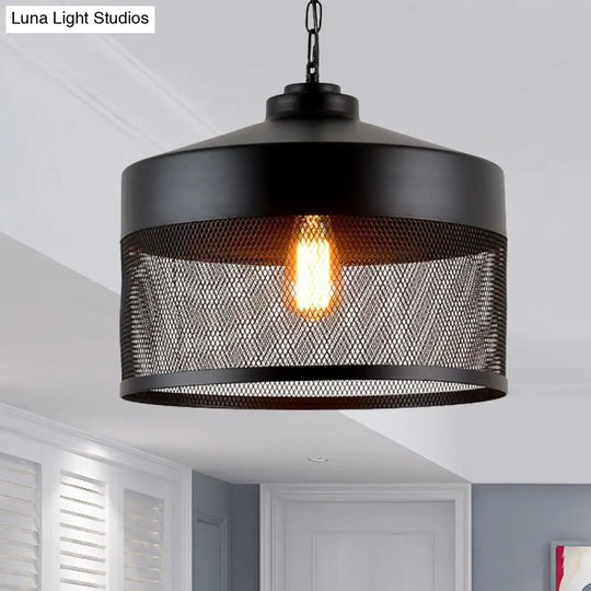 Industrial Style Metal Hanging Light With Black Mesh Drum Shade - Restaurant Pendant Fixture