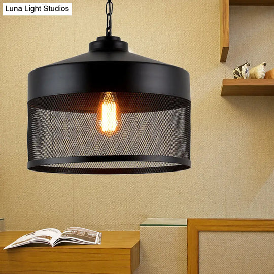 Metal Hanging Light Industrial Style With Black Mesh Drum Shade - Restaurant Pendant Fixture