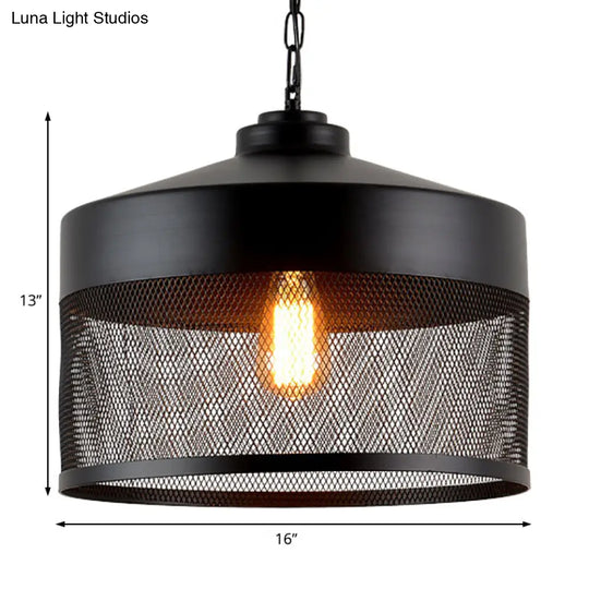 Metal Hanging Light Industrial Style With Black Mesh Drum Shade - Restaurant Pendant Fixture