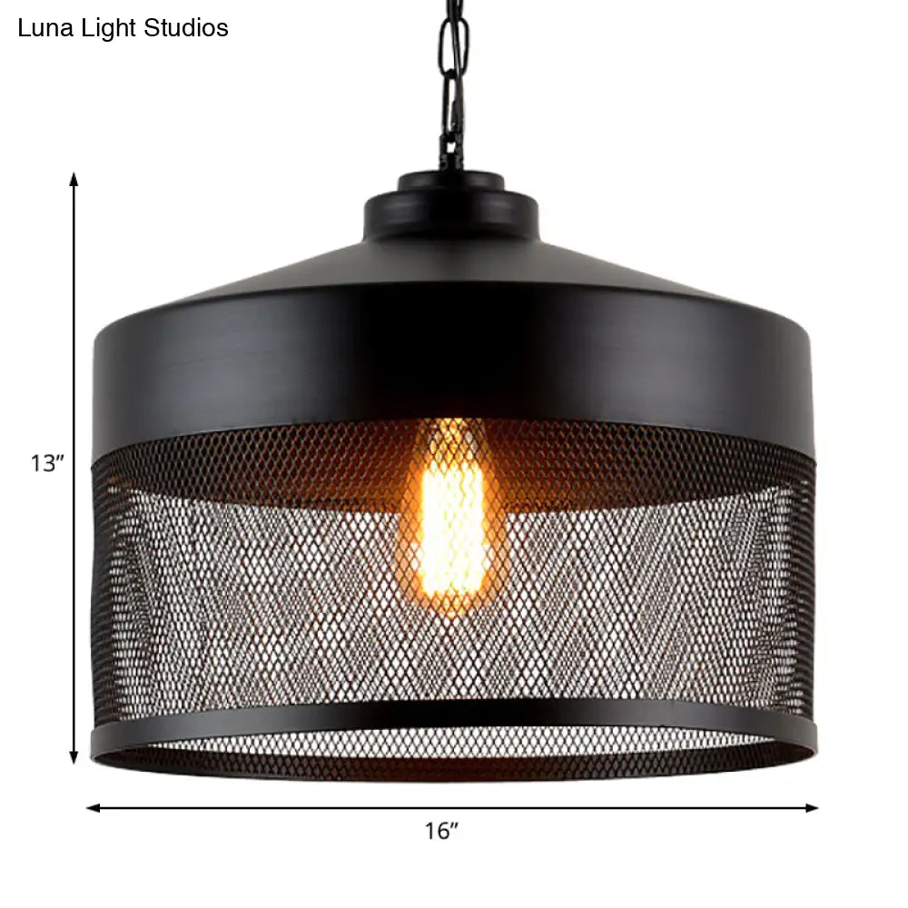 Industrial Style Metal Hanging Light With Black Mesh Drum Shade - Restaurant Pendant Fixture