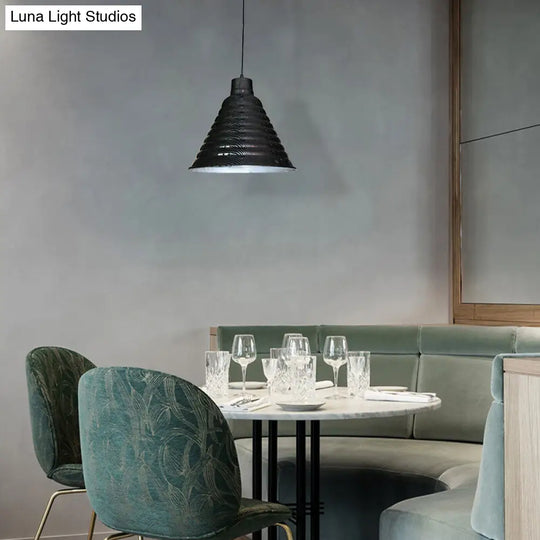 Industrial Style Metal Hanging Light - Ribbed Tapered Shade Black Finish Restaurant Pendant Lighting