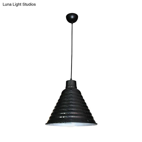 Industrial Style Metal Hanging Light - Ribbed Tapered Shade Black Finish Restaurant Pendant Lighting