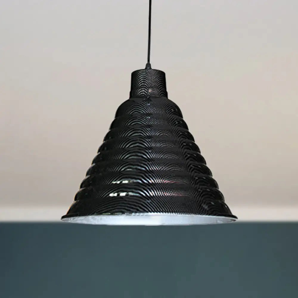 Industrial Style Metal Hanging Light With Ribbed Tapered Shade - 1-Light Restaurant Pendant