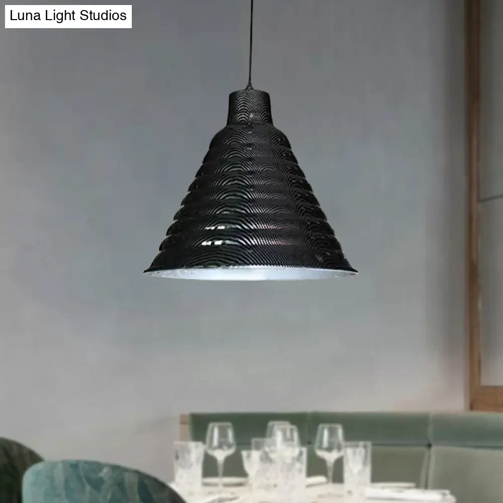 Industrial Style Metal Hanging Light With Ribbed Tapered Shade - 1-Light Restaurant Pendant