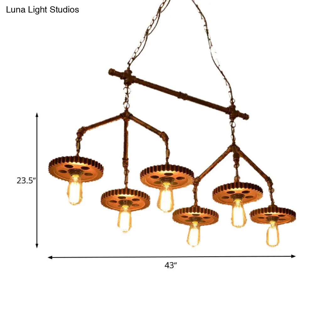 Industrial-Style Metal Island Light Fixture - 6 Lights Rust Bare Bulb Chandelier For Restaurants