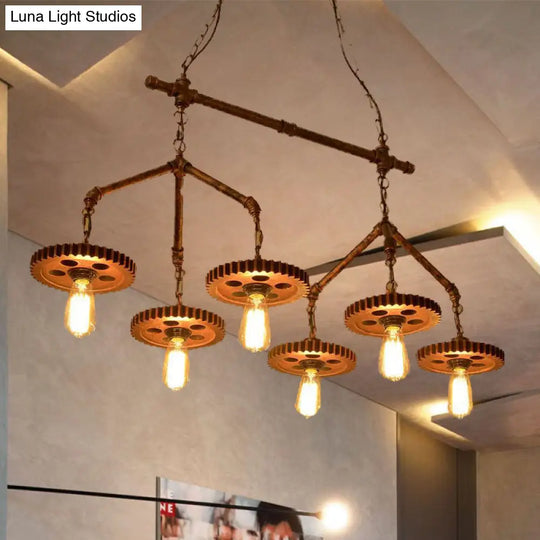 Industrial-Style Metal Island Light Fixture - 6 Lights Rust Bare Bulb Chandelier For Restaurants