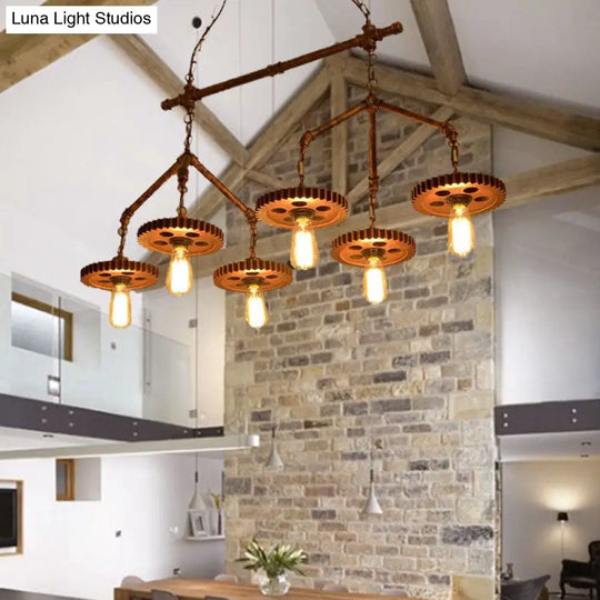 Industrial-Style Metal Island Light Fixture - 6 Lights Rust Bare Bulb Chandelier For Restaurants