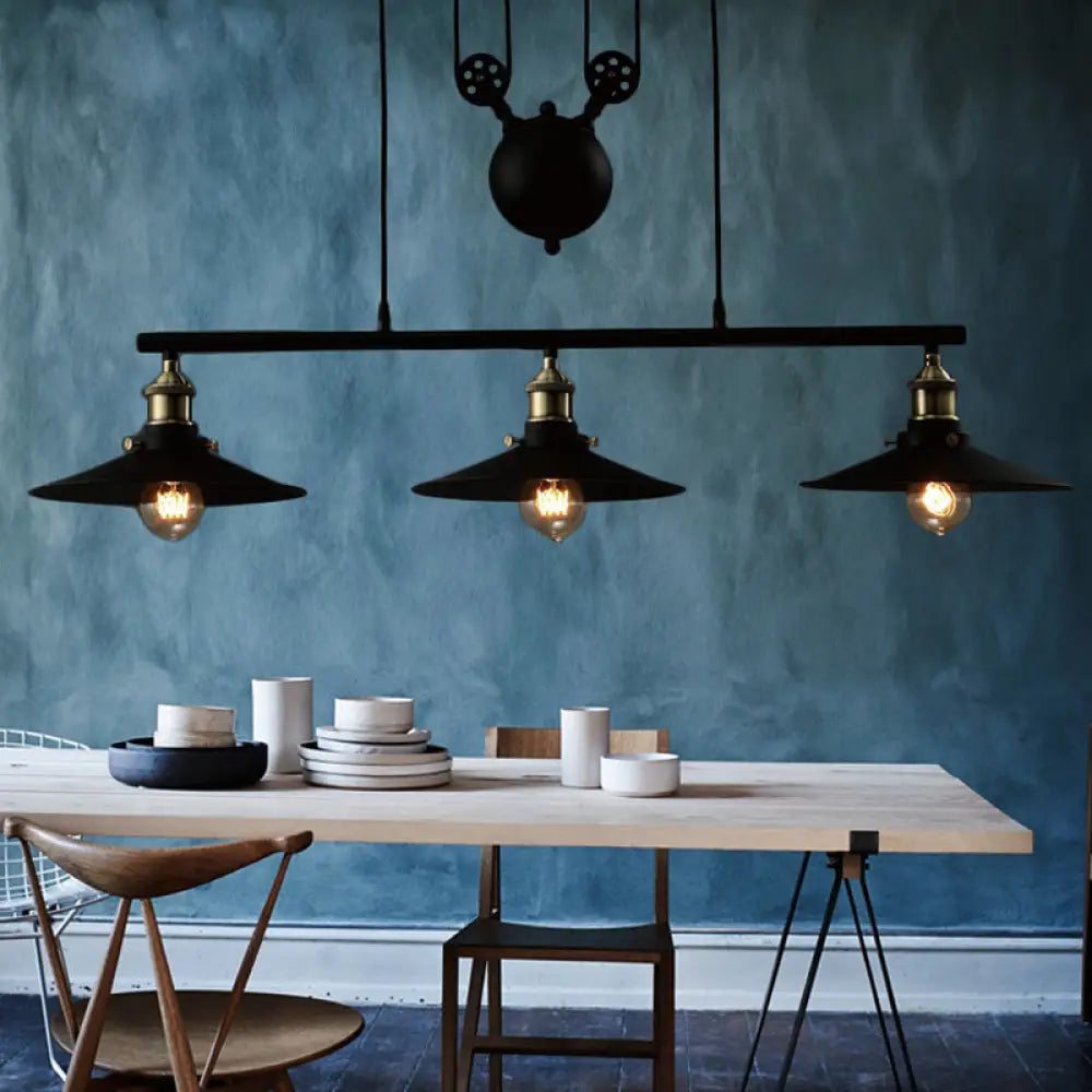 Industrial Style Metal Island Pendant Light With Flared Shade - 2/3 Bulbs Black Finish Indoor