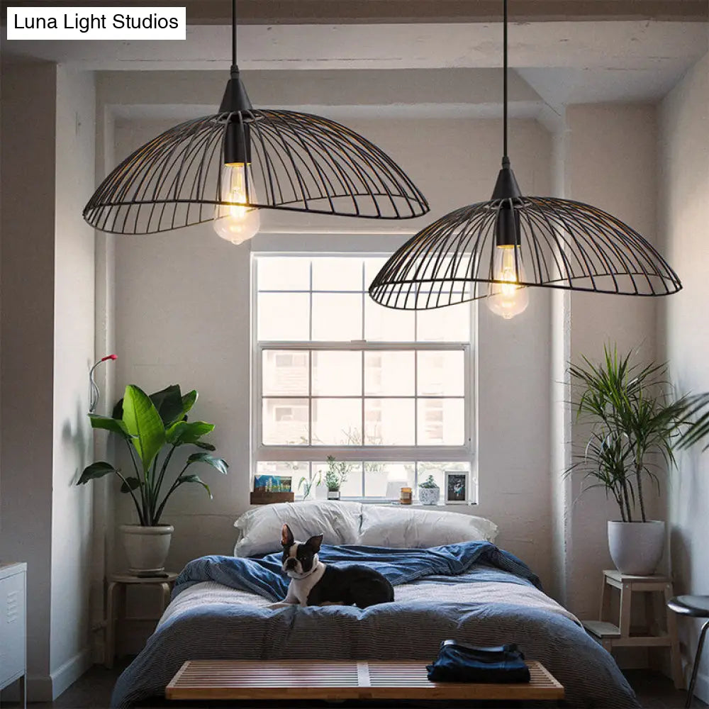 Industrial Style 1-Head Caged Ceiling Light With Waveform Design - Black 8/19.5Dia