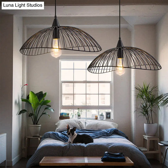 Industrial Style 1-Head Caged Ceiling Light With Waveform Design - Black 8/19.5Dia