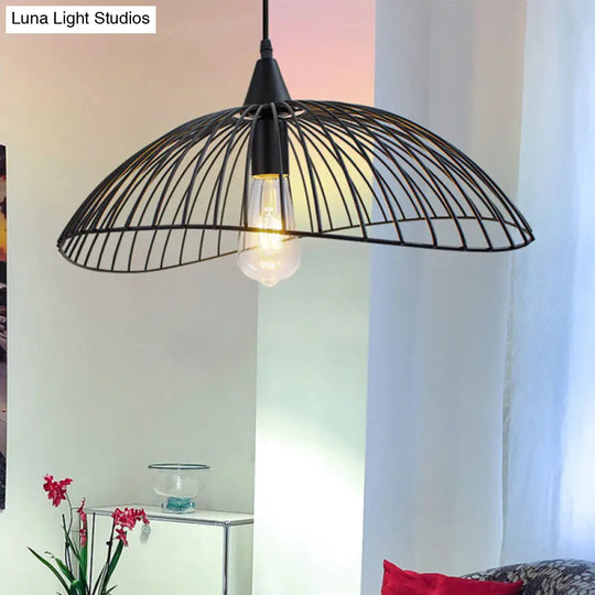 Industrial Style 1-Head Caged Ceiling Light With Waveform Design - Black 8/19.5Dia / 8