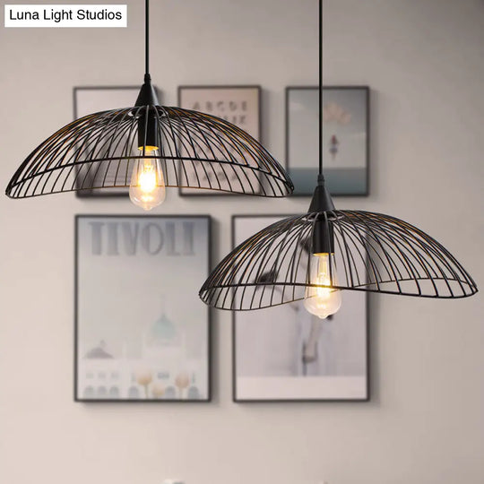 Industrial Style 1-Head Caged Ceiling Light With Waveform Design - Black 8/19.5Dia