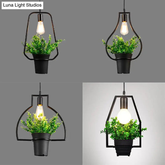 Industrial Style Hanging Light - Balcony Metal Pendant Lamp With Black Finish Planter And Frame