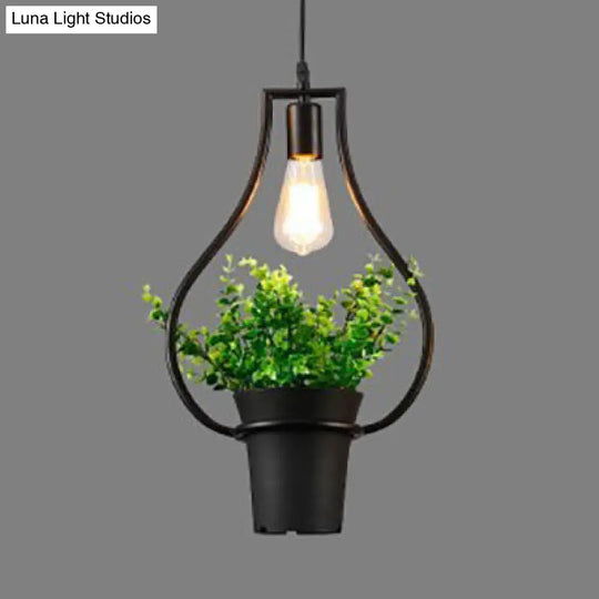 Industrial Style Hanging Light - Balcony Metal Pendant Lamp With Black Finish Planter And Frame / B