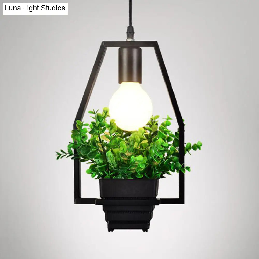 Industrial Style Hanging Light - Balcony Metal Pendant Lamp With Black Finish Planter And Frame / D