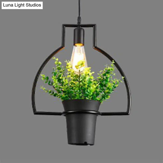 Industrial Style Hanging Light - Balcony Metal Pendant Lamp With Black Finish Planter And Frame / C