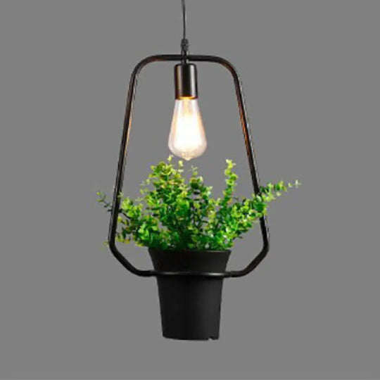 Industrial Style Metal Pendant Lamp With Hanging Frame Ideal For Balcony – Black Finish / A