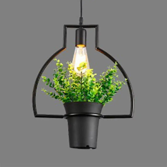 Industrial Style Metal Pendant Lamp With Hanging Frame Ideal For Balcony – Black Finish / C