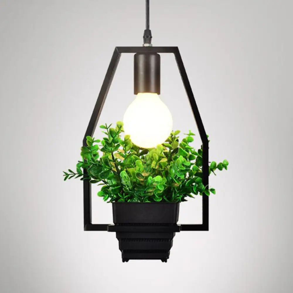 Industrial Style Metal Pendant Lamp With Hanging Frame Ideal For Balcony – Black Finish / D