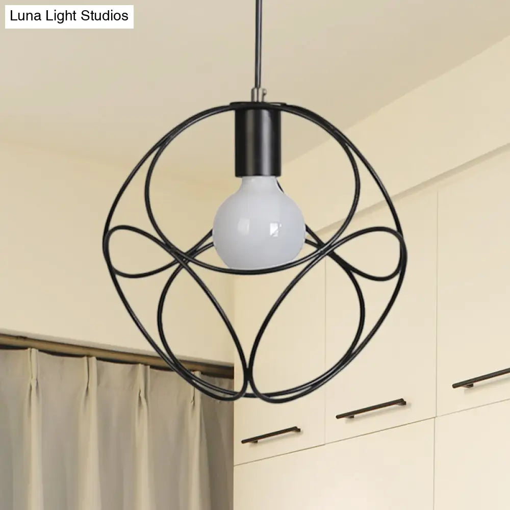 Industrial-Style Metal Pendant Light With Cage Shade - Square White/Black 1-Light Hanging Fixture