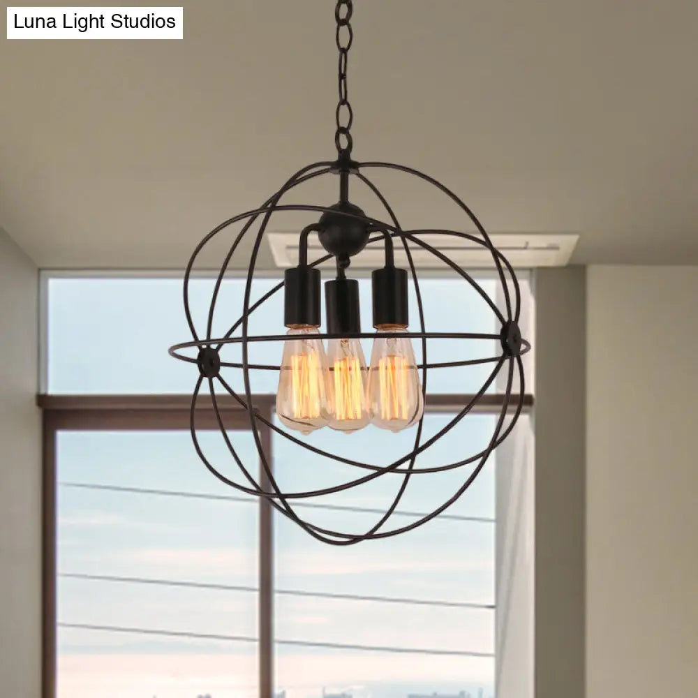 Industrial Wire Globe Pendant Light With Metal Shade And 3 Bulbs - Black