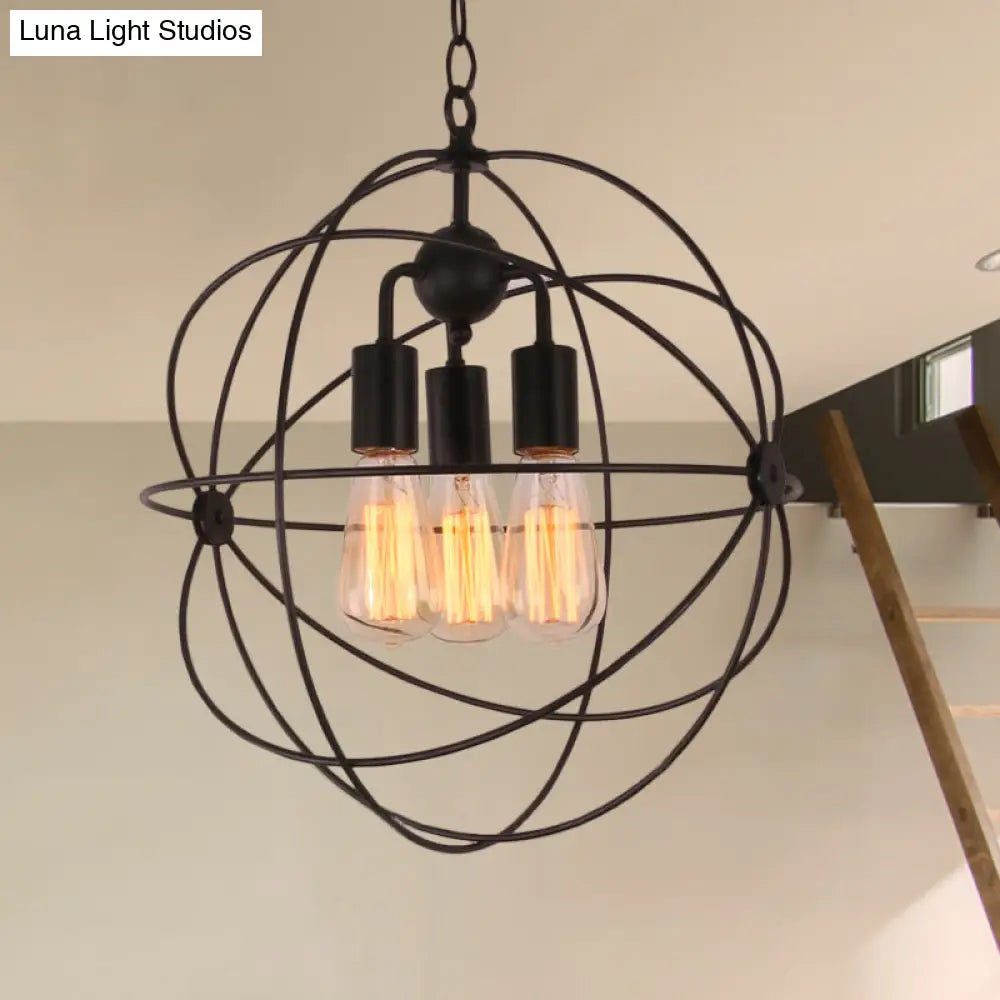 Industrial Wire Globe Pendant Light With Metal Shade And 3 Bulbs - Black