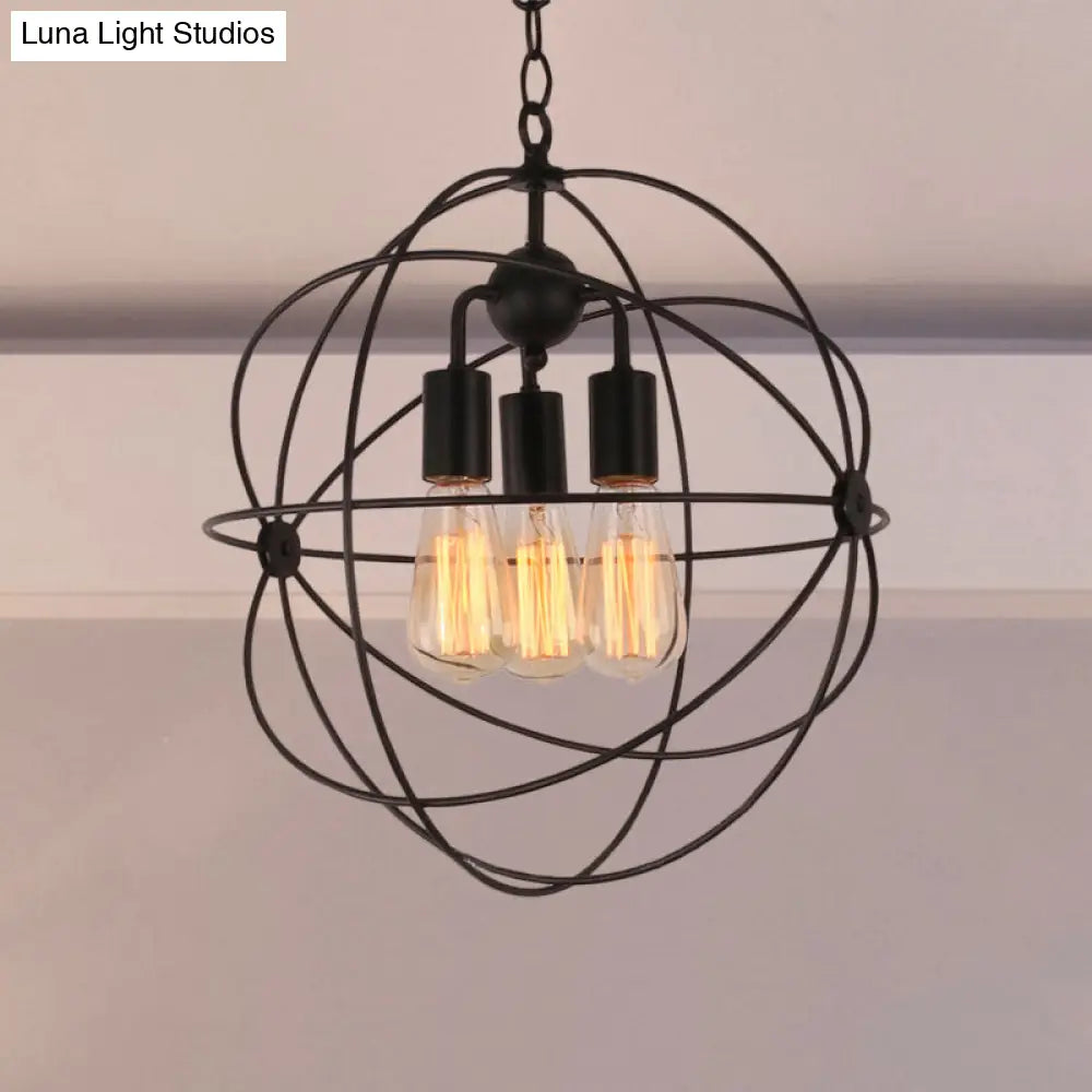 Industrial Wire Globe Pendant Light With Metal Shade And 3 Bulbs - Black