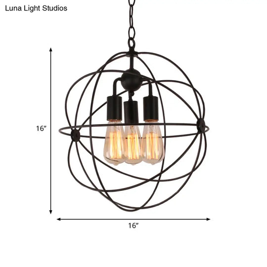 Industrial Style Metal Pendant Light With Wire Globe Shade - 3 Bulb Hanging Lamp For Restaurants