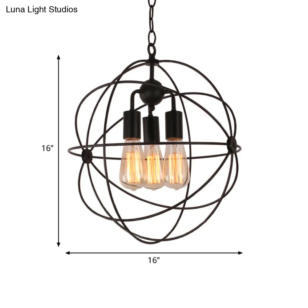 Industrial Wire Globe Pendant Light With Metal Shade And 3 Bulbs - Black