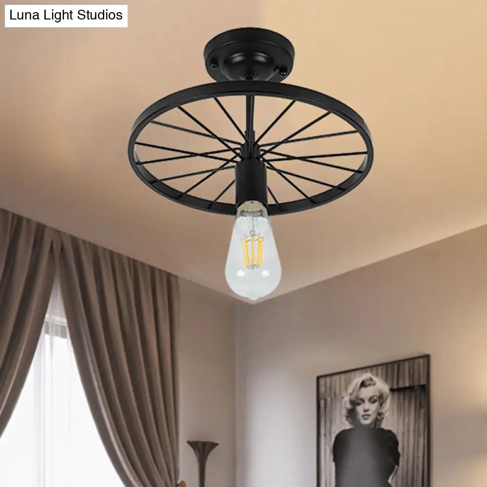 Industrial Style Metal Semi Flush Ceiling Light With Black Finish - Bare Bulb Restaurant Fixture