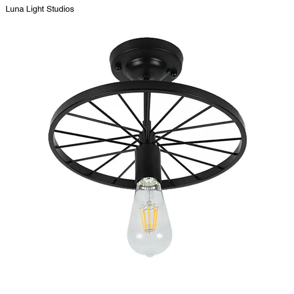 Industrial Style Metal Semi Flush Ceiling Light With Black Finish - Bare Bulb Restaurant Fixture