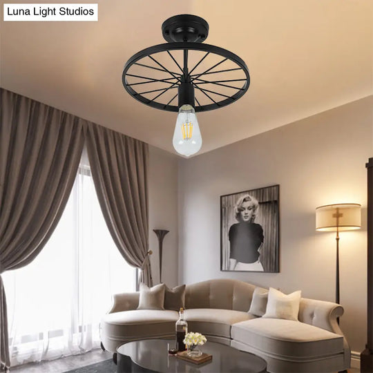 Industrial Style Metal Semi Flush Ceiling Light With Black Finish - Bare Bulb Restaurant Fixture