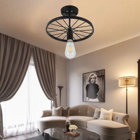 Industrial Style Metal Semi Flush Ceiling Light With Black Finish - Bare Bulb Restaurant Fixture