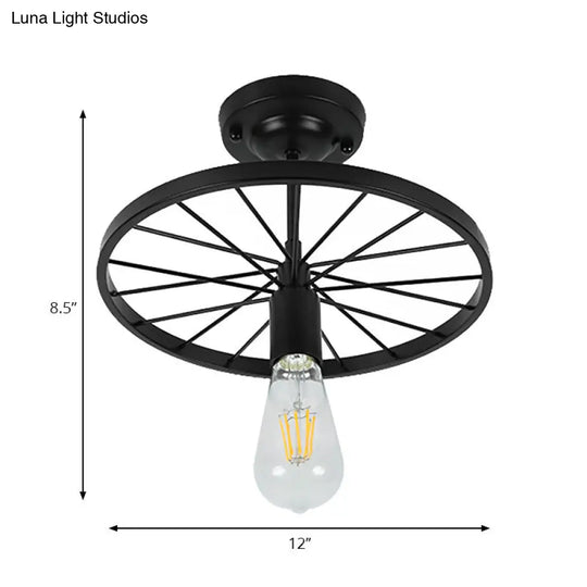 Industrial Style Metal Semi Flush Ceiling Light With Black Finish - Bare Bulb Restaurant Fixture