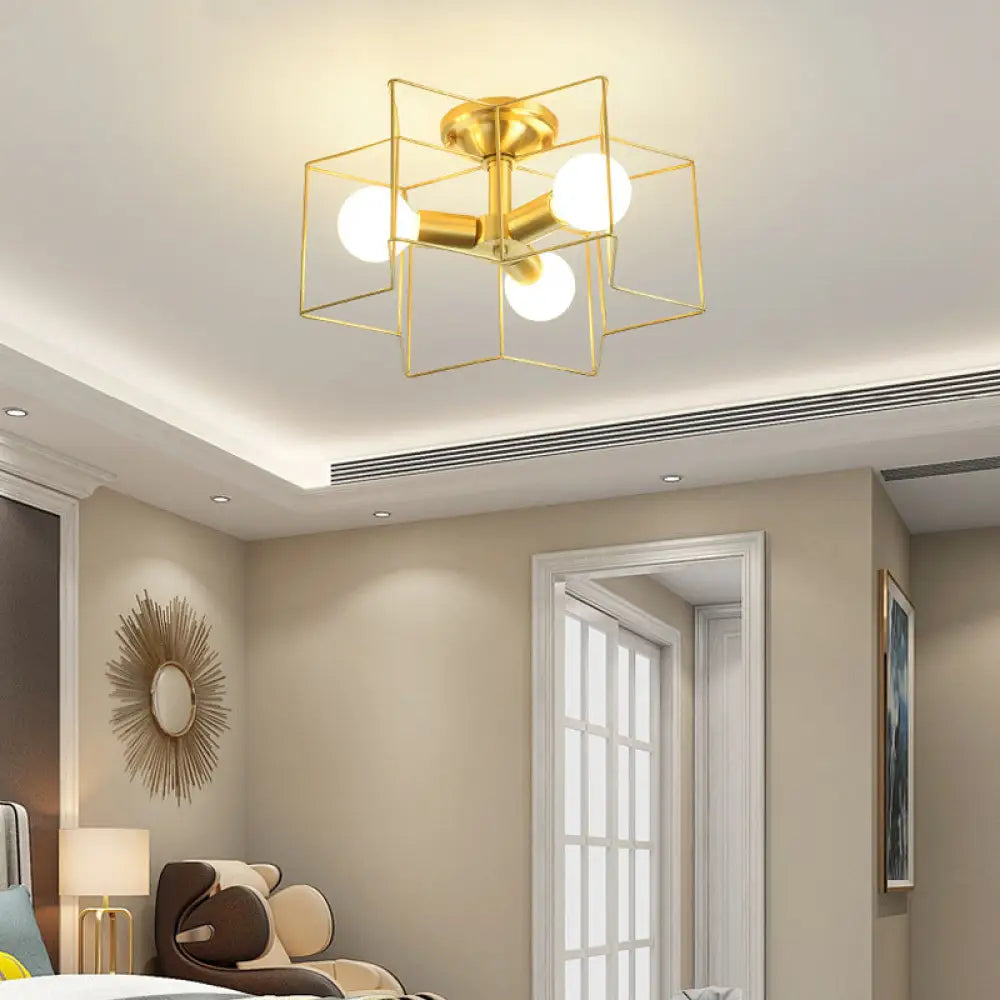 Industrial Style Metal Star Cage Flush Mount In Gold - Bedroom Ceiling Lighting 3 /