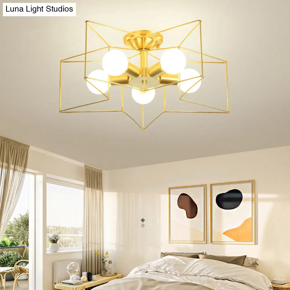 Industrial Style Metal Star Cage Flush Mount In Gold - Bedroom Ceiling Lighting